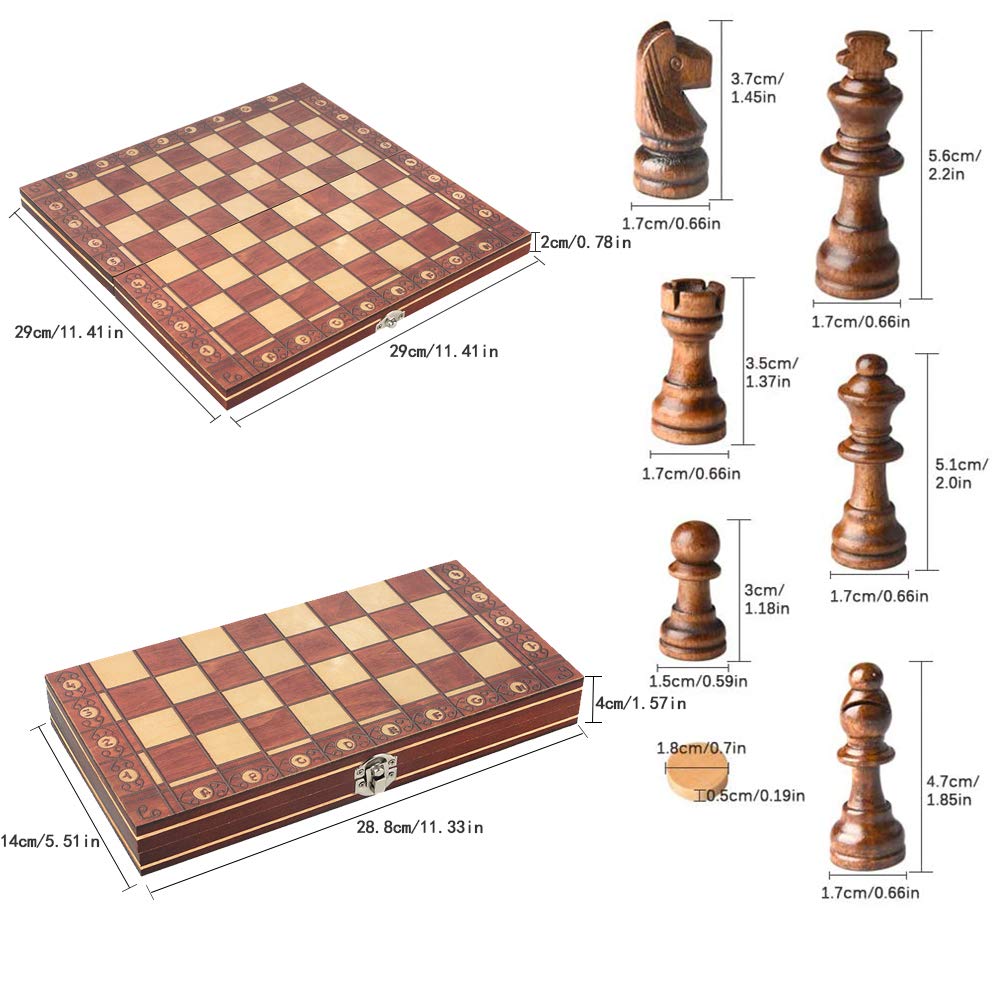 Luoyer 3-In-1 Chess Backgammon Checkers Set 11 Inch Wooden Chess Checkers Board Game With Folding Carrying Case Travel Chess Set For Adults