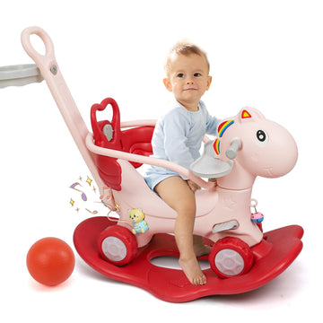 4 in 1 Rocking Horse Ages 1-3, Baby Rocking Toy Gift for Toddlers 1-3 Years Old, Balance Bike Ride On Toys with Push Handle, Bac