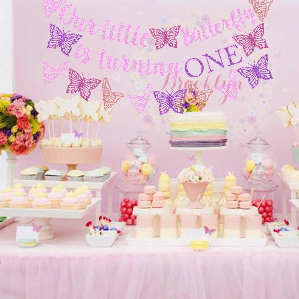 Our Little Butterfly is Turning One Banner Pink Glitter Butterfly 1st Birthday Banner for Spring Butterfly Girls One Year Old Bi