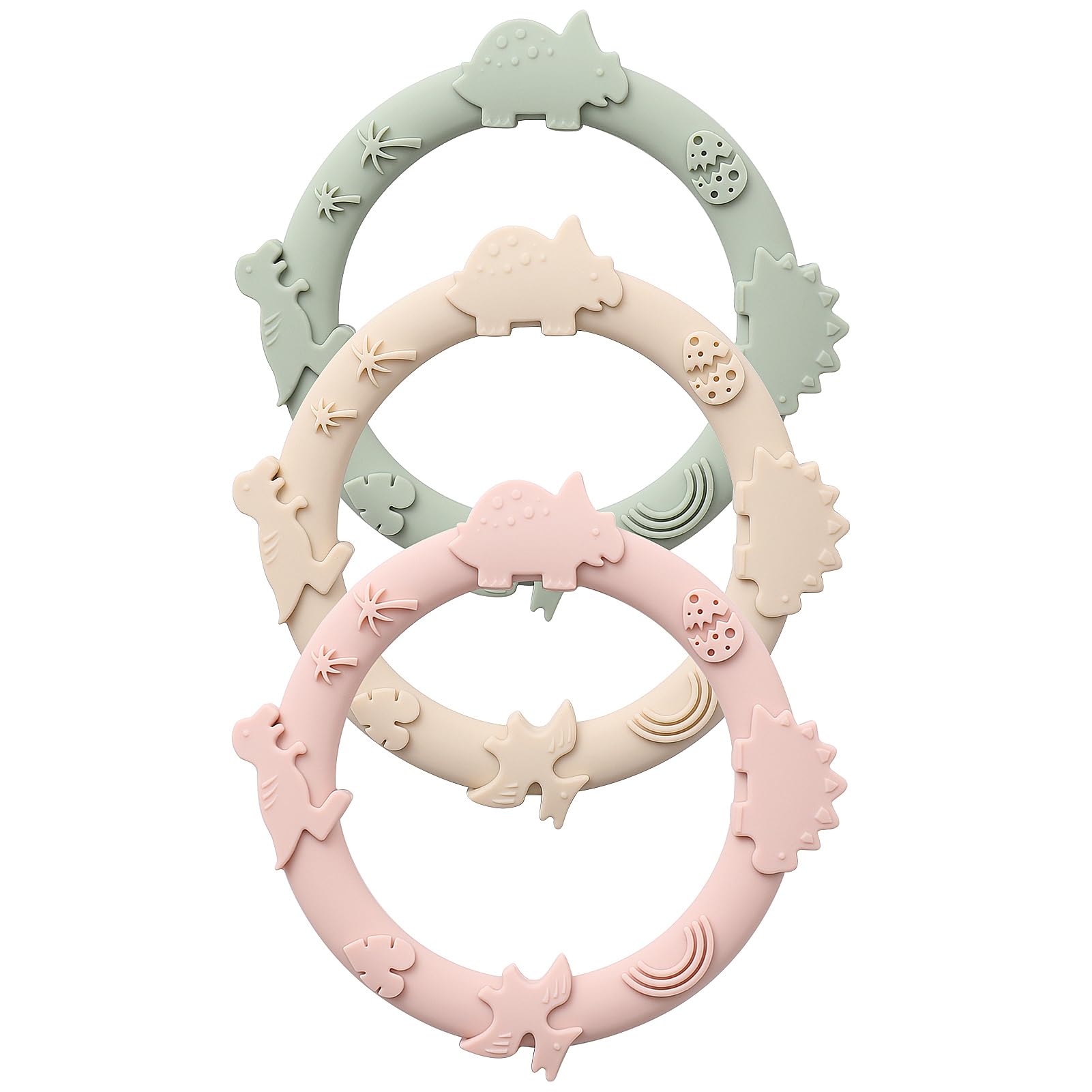 YIVEKO Silicone Teethers for Babies 0-6 6-12 Months Teething Toys for Infants Baby Chew Toys for Sucking Needs Baby Teething Rings for Infant Boys and Girls 3 Pack-Dinosaur-Blush