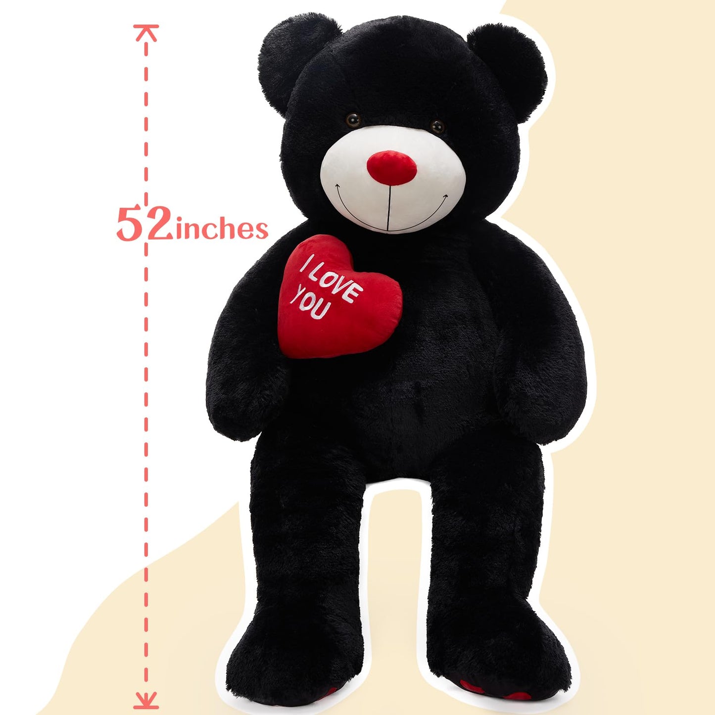 Beniny 4.3 Feet Giant Teddy Bear Stuffed Animal, 52'' Big Teddy Bear With Heart, Large Black Stuffed Bear Plush Toys For Kids, I