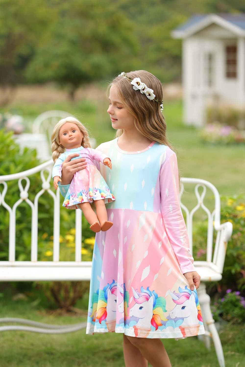 Bow Dream Cute Girl Dress And Matching American Girl Doll Clothes Accessories For Girls Dresses Size 120 Pink Unicorn