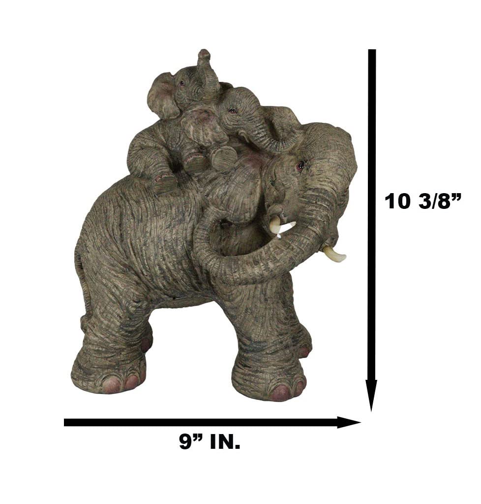 Ebros Wildlife Elephant Father And 2 Calves On Piggyback Playing Statue 10.5' Tall Resin Safari Elephants Family Figurine Sculpture Decor Gifts