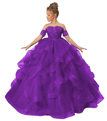 Zpvp Tulle Princess Girls Pageant Dress Tiered Ruffles Flower Girl Dress Beaded Appliques Wedding Party Costumes Purple Us6