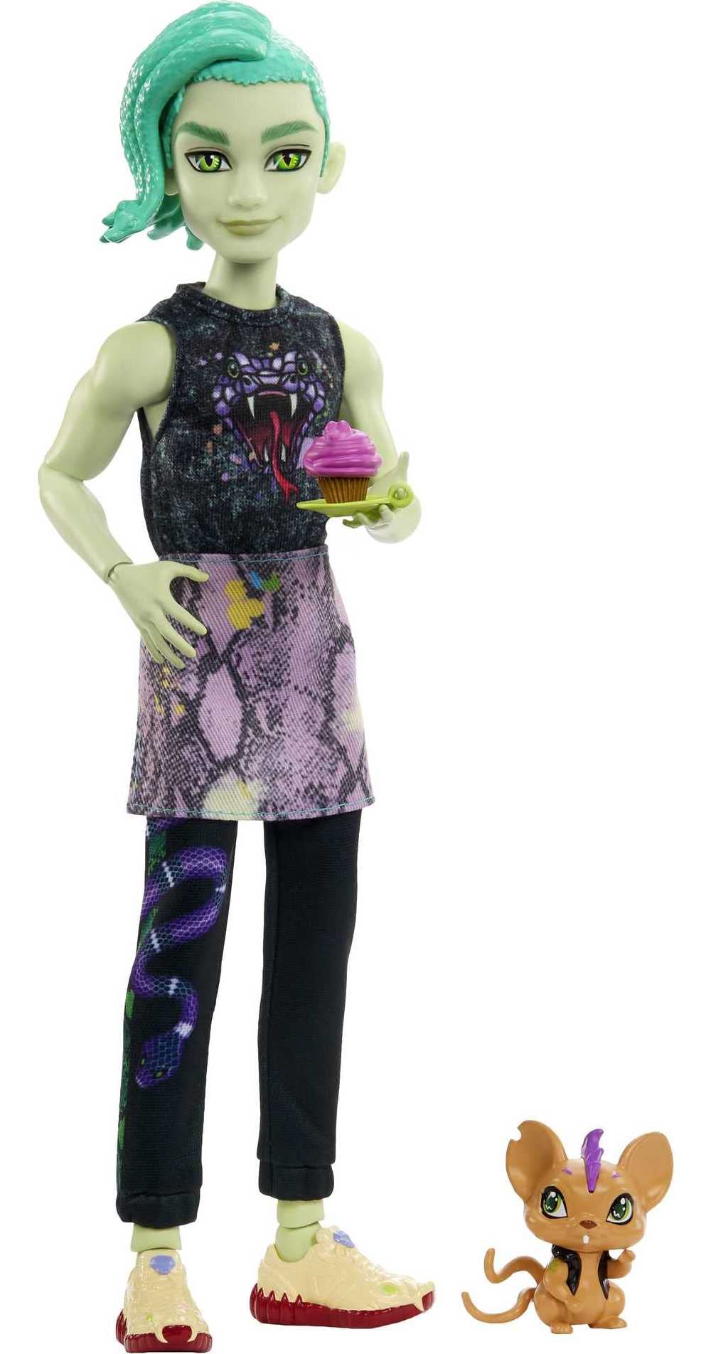 Monster High Deuce Gorgon Doll In Signature Look With Denim Snake Jacket & Accessories, Pet Mouse Perseus