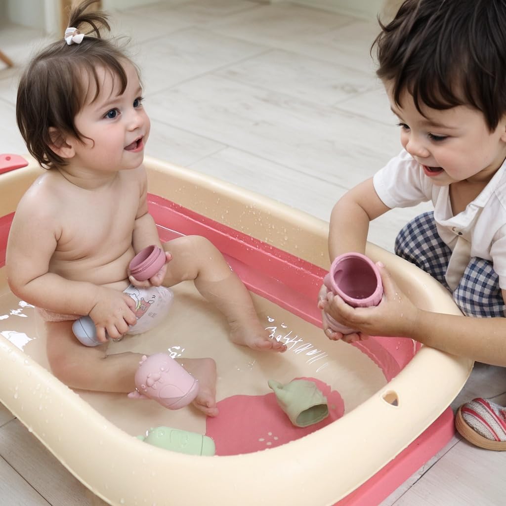 Ginbear Silicone Baby Bath Toys - Non-Toxic Infant Squirty Toys, Pack of 4 (Dino) - Rosy, Gray, Olive-green, Mustard