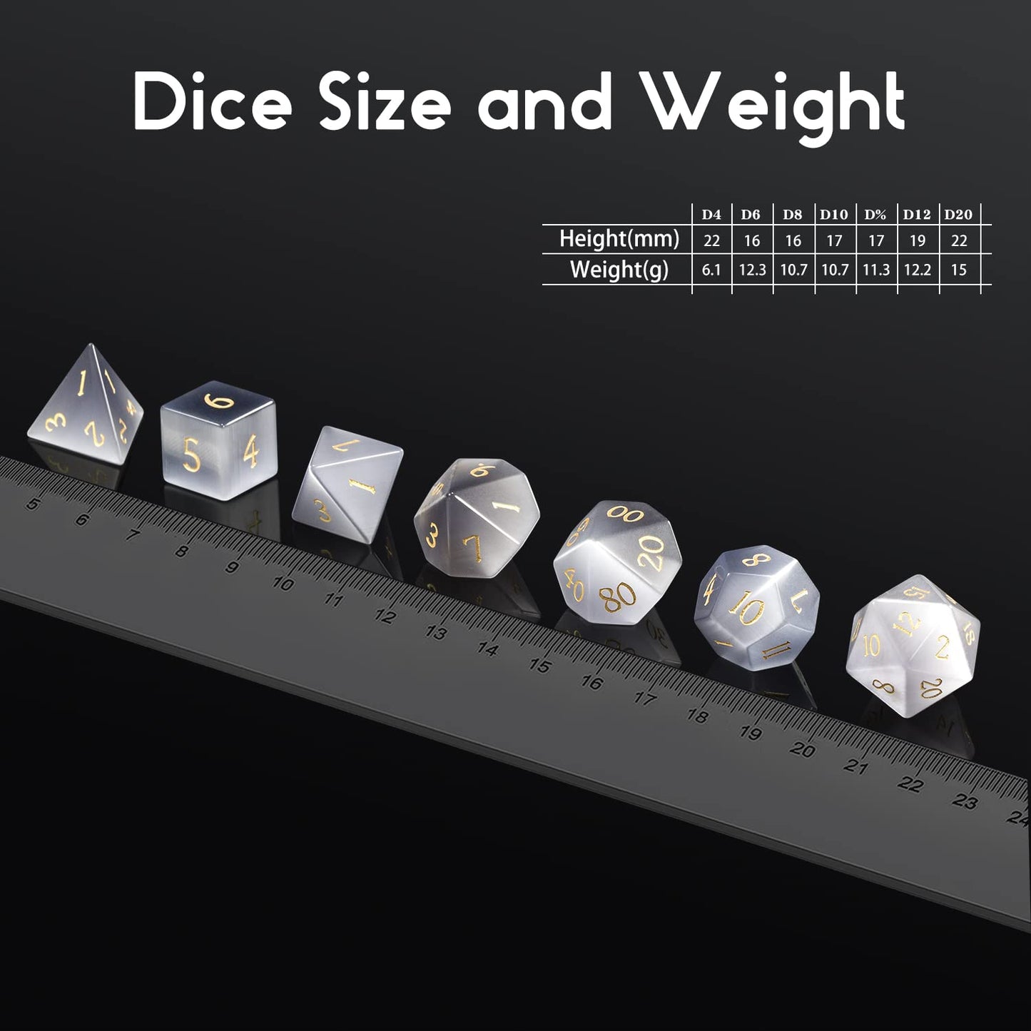 DNDND Cat's Eye Gemstone Dice Set 7 PCS Crystal DND Dice with Grogeous Gift Case for Dungeons and Dragon D&D Tabletop Game (Grey