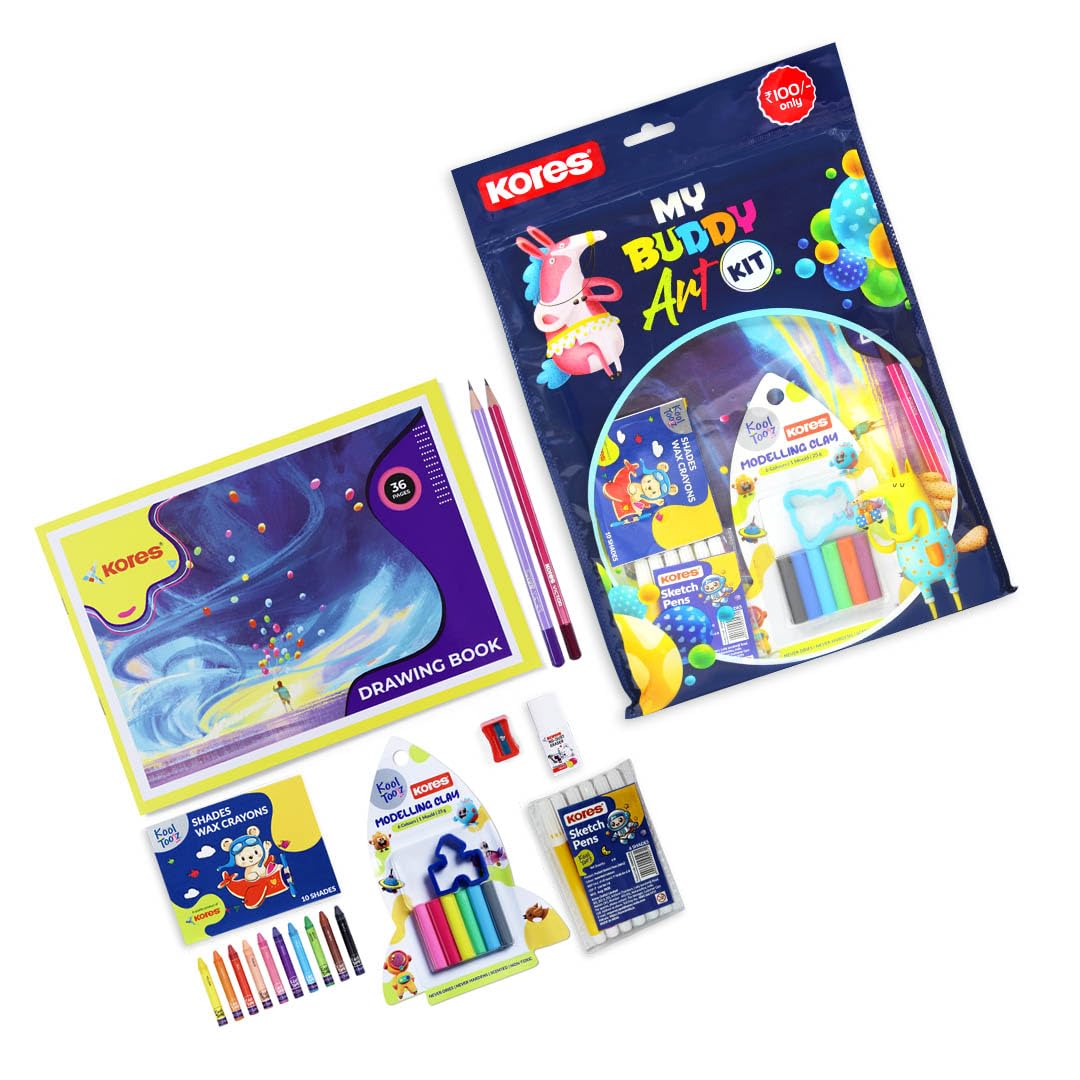 Kores My Buddy Art Kit | Drawing Book + Wax Crayons + Sketch Pens + Modelling Clay + Pencils + Sharpener + Eraser | Kids Art & C