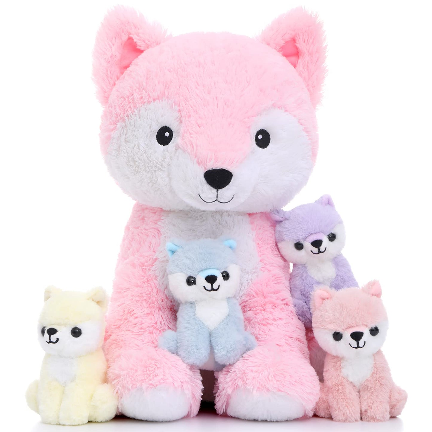 Muiteiur 5 Piece Fox Stuffed Animal Set, Soft Mommy Fox Plush Toy With 4 Cute Babies, Stuffed Animal For Girls And Boys, Gift For Kids, Pink 20Inch