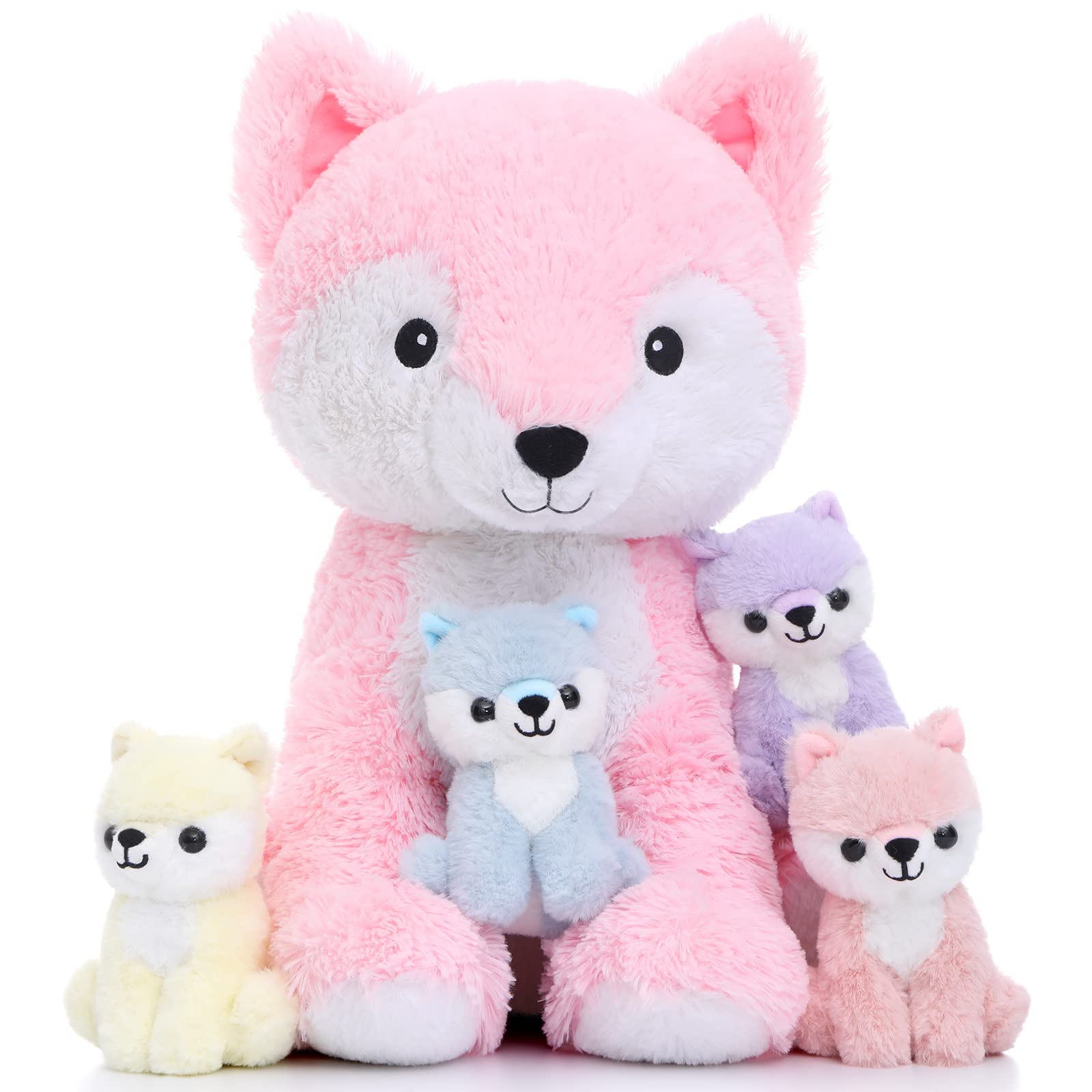 Muiteiur 5 Piece Fox Stuffed Animal Set, Soft Mommy Fox Plush Toy With 4 Cute Babies, Stuffed Animal For Girls And Boys, Gift For Kids, Pink 20Inch