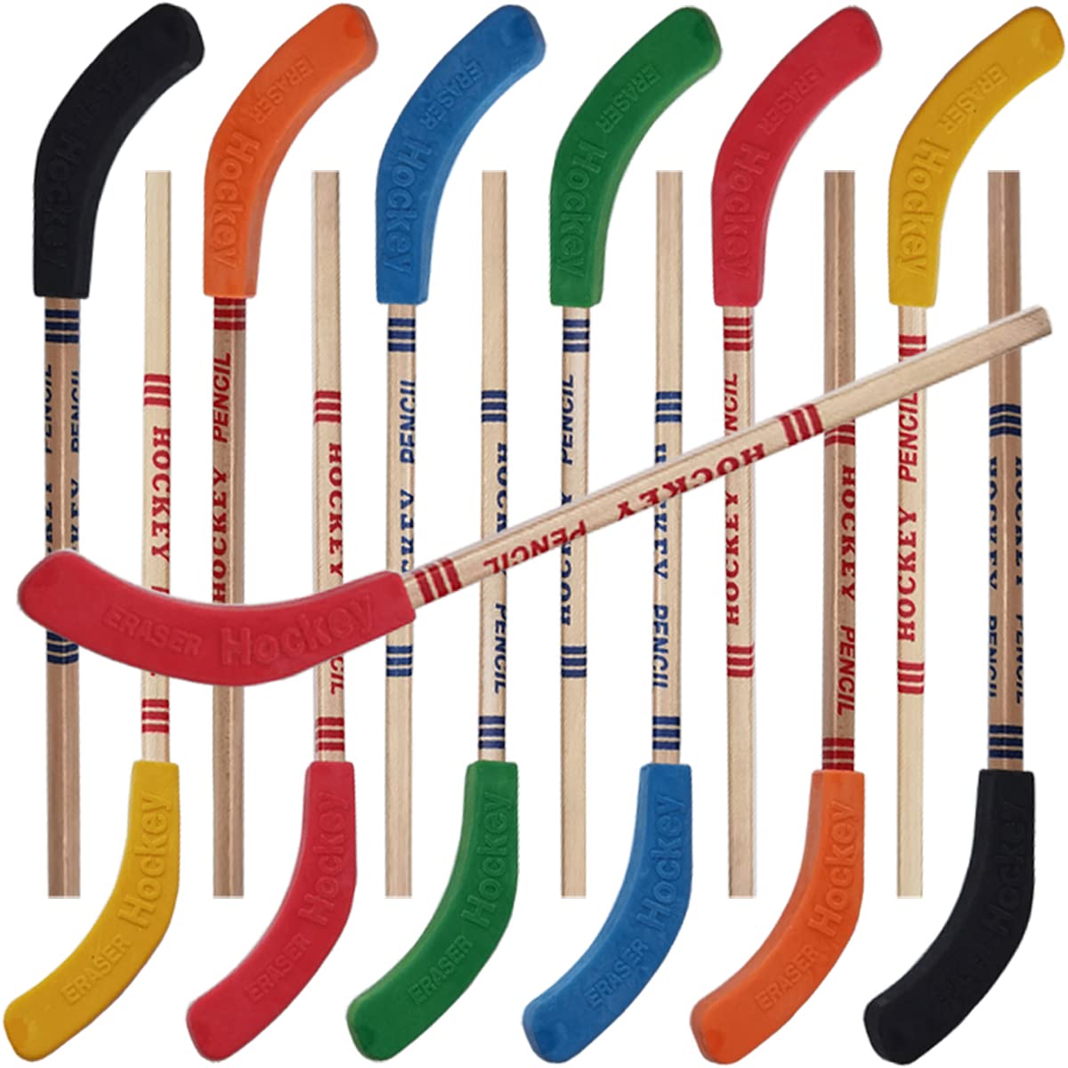 TIHOOD 12PCS Hockey Pencils and Erasers - Bulk 9 Inch Hockey Stick Sports Theme Party Supplies, Fun Cool Pencils for Hockey Fans