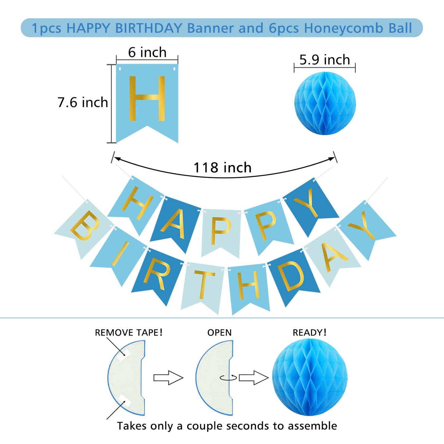 Blue Birthday Decorations with Happy Birthday Banner, Paper Honeycomb Balls, Circle Garland and Hanging Swirl Decorations, Birth