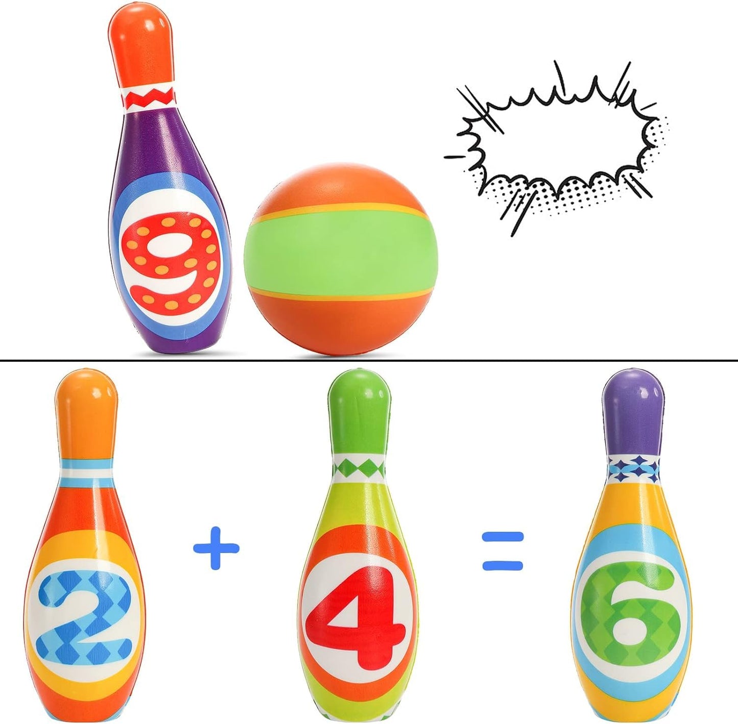 Coloch Kids Bowling Set, Indoor Toddler Bowling Game Educational Toy Game Soft Colorful 10 Foam Pin And 2 Balls Play Game Printe