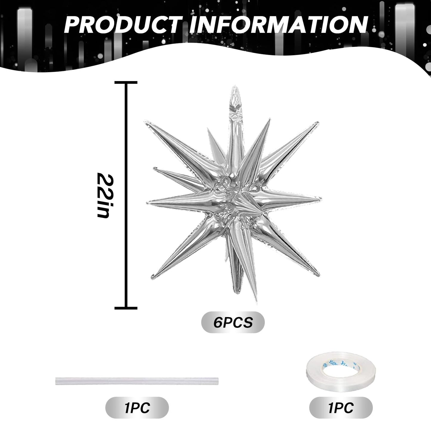 6PCS Star Balloons, 22Inch Large Silver Star Balloon Explosion Foil Balloons Cone Spike Balloon for Birthday Graduation Wedding