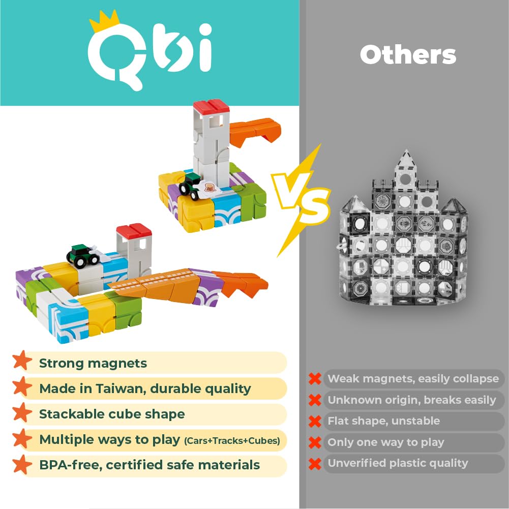 QBI Magnetic Blocks for Toddlers Ages 3+ | STEM Magnetic Block Tracks with Wheel Bulldozer & Tiles | 3D Colorful Magnet Building