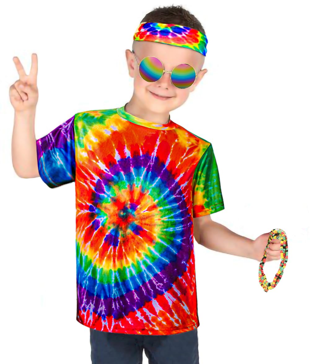 Kids Hippie Costume For Boys Girls 60S 70S T-Shirt 5Pcs Set For Halloween Party 9-10 Years Colorful