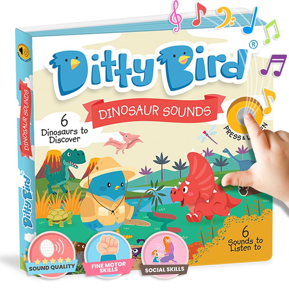 Ditty Bird Dinosaur Book For Toddlers | Realistic Dino Sound Book | Interactive T-Rex Board Books For Toddlers 1-3 | Sensory, Mu