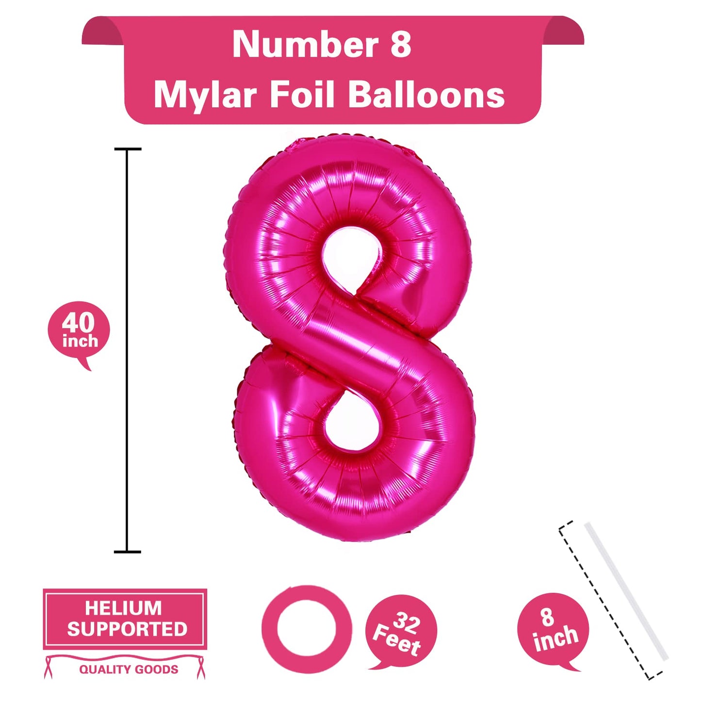40 Inch Giant Hot Pink Number 8 Balloon, Helium Mylar Foil Number Balloons For Birthday Party, 8Th Birthday Decorations For Kids
