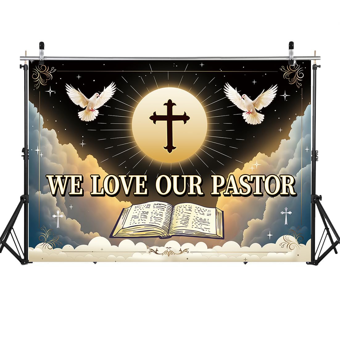 We Love Our Pastor Backdrop 7x5FT Pastor Appreciation Banner Background for Church Cross Christian Thanksgiving Party Decoration