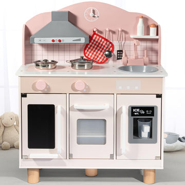 Bluewood Wooden Kids Kitchen Playset For Toddlers Ages 3-8, With Induction Hob, Oven, Ice Maker, Hood, And Tap - Chtelet Creamy 