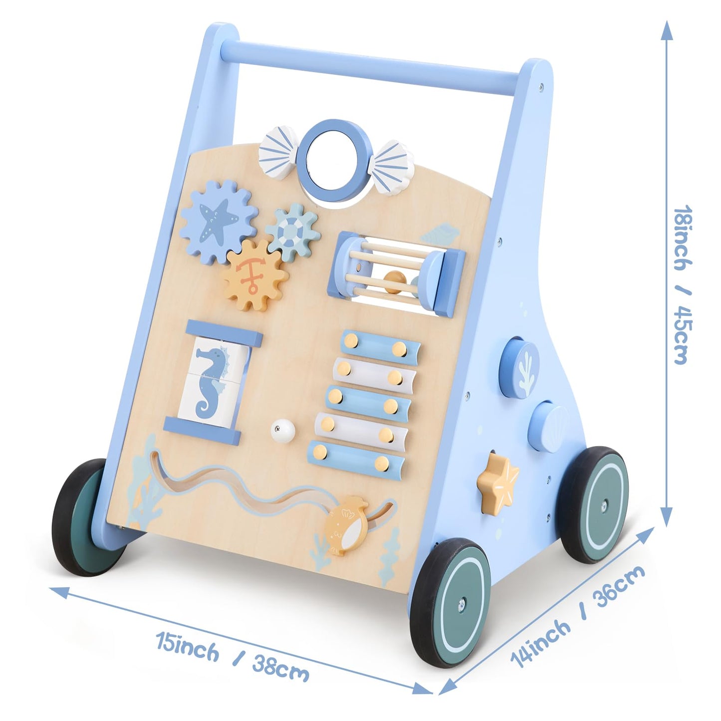 Beright Wooden Baby Walker Push And Pull Learning Activity Walker With Wheels Montessori Walker Toy Multiple Activities Center Develops Motor Skills & Stimulates Creativity (Blue)