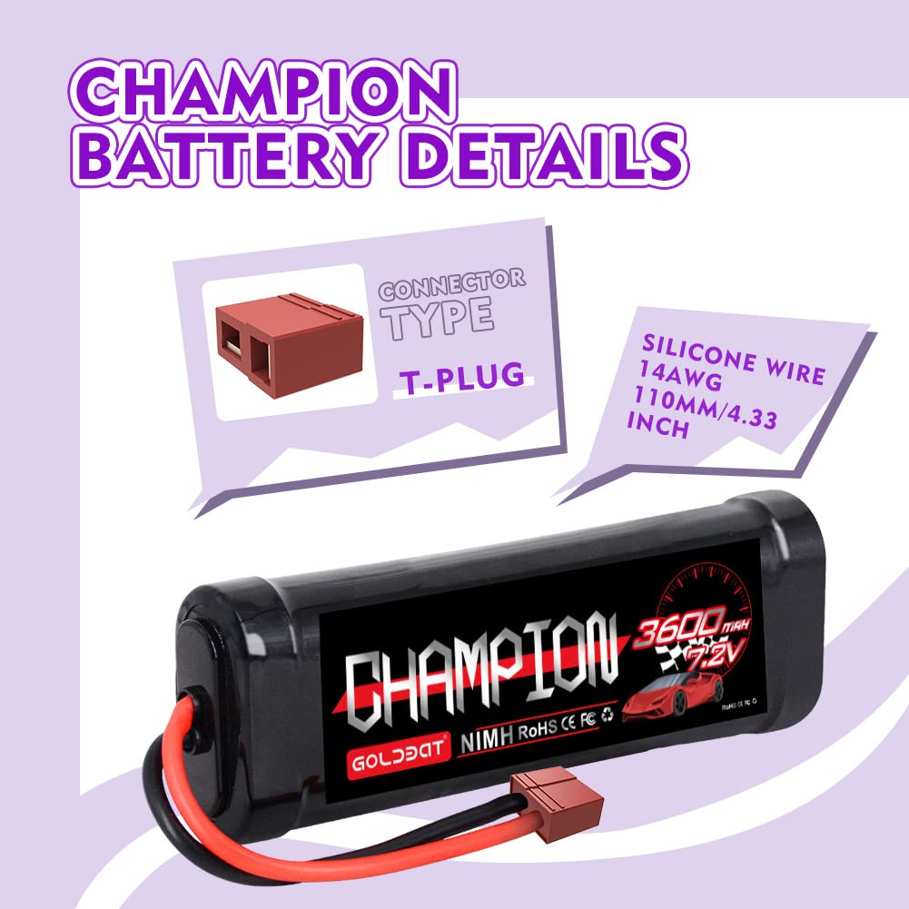 GOLDBAT 3600mAh 7.2V NiMH Battery with Deans Connector for RC Cars & Trucks (2 Pack) - Compatible with LOSI, HPI, Kyos