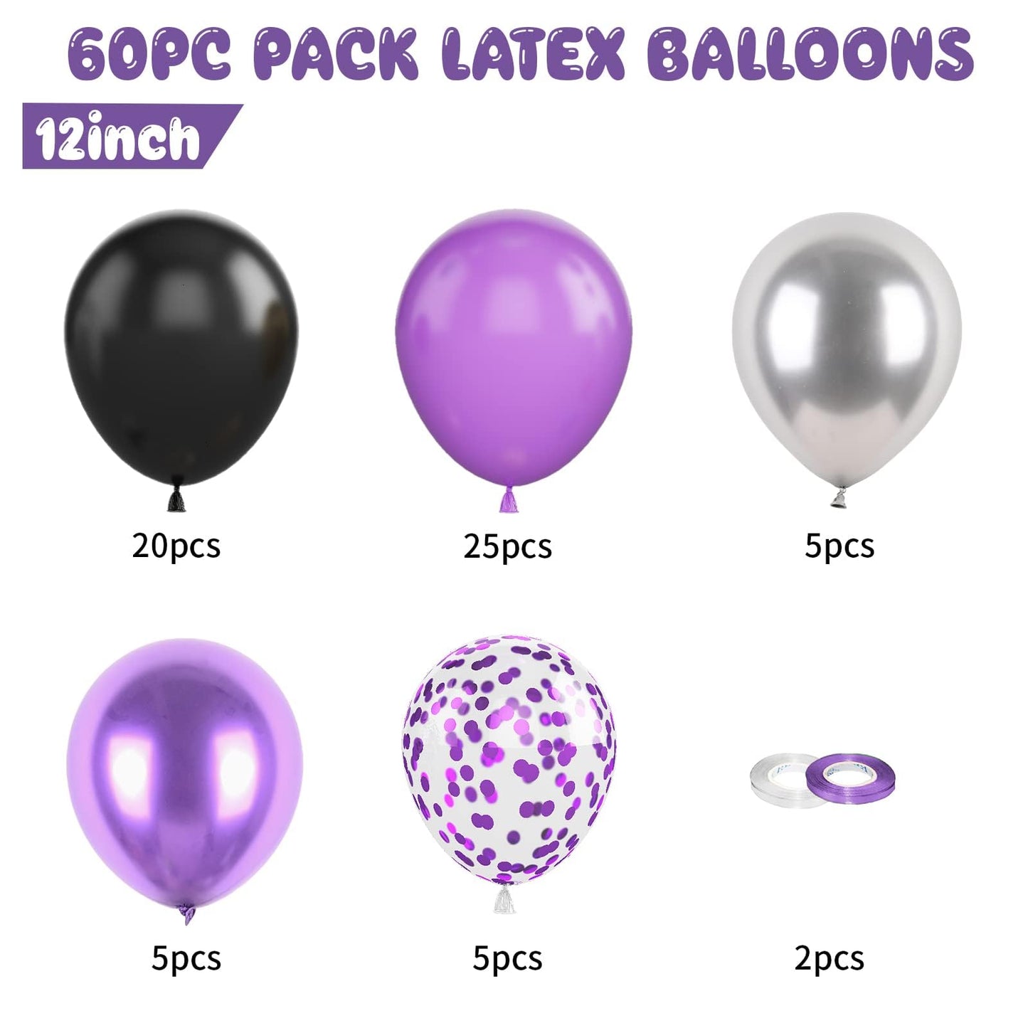 Purple Black Balloons, 60 Pcs 12 Inch Metallic Purple Silver Black Balloons, Black Purple Birthday Balloons With Confetti Balloo