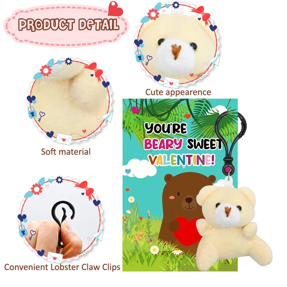 Lukbera 28Packs Valentines Day Greeting Cards With Stuffed Animals Keychains, Small Plush Animals Toys Bulk For Kids Valentines