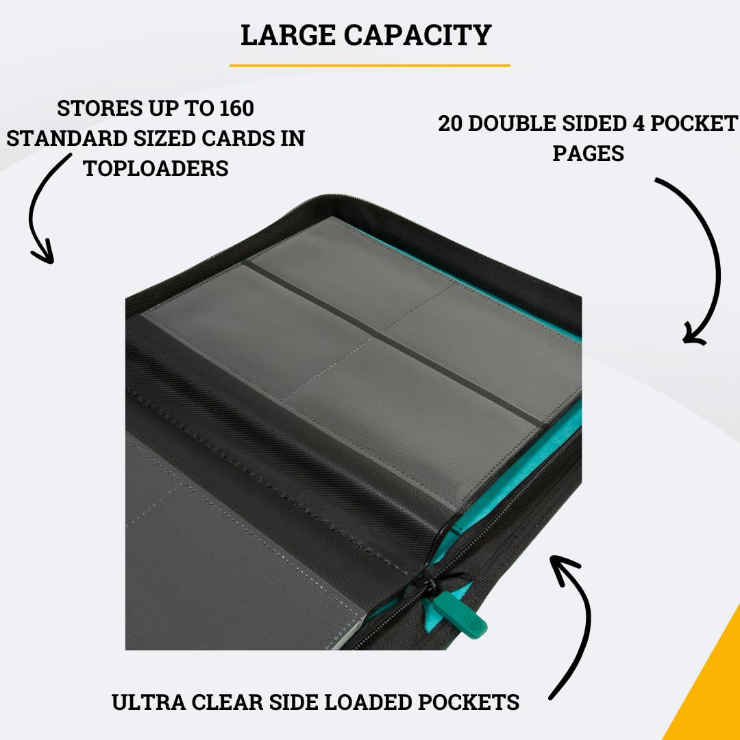 Card Guardian - Toploader 4 Pocket enhanced Binder with Zipper for 160 Cards - Side Loaded Pockets - Compatible with Sports and Trading Cards TCG (Green)