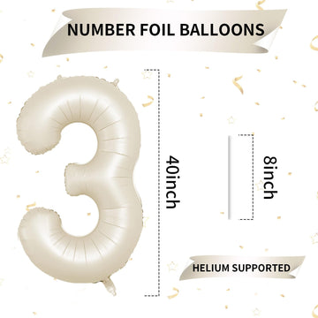 40 Inch Cream Number 3 Balloon, Beige Large 3Rd Birthday Balloons, Digital 3 Cream White Giant 3 Foil Balloon Helium For Boys Gi
