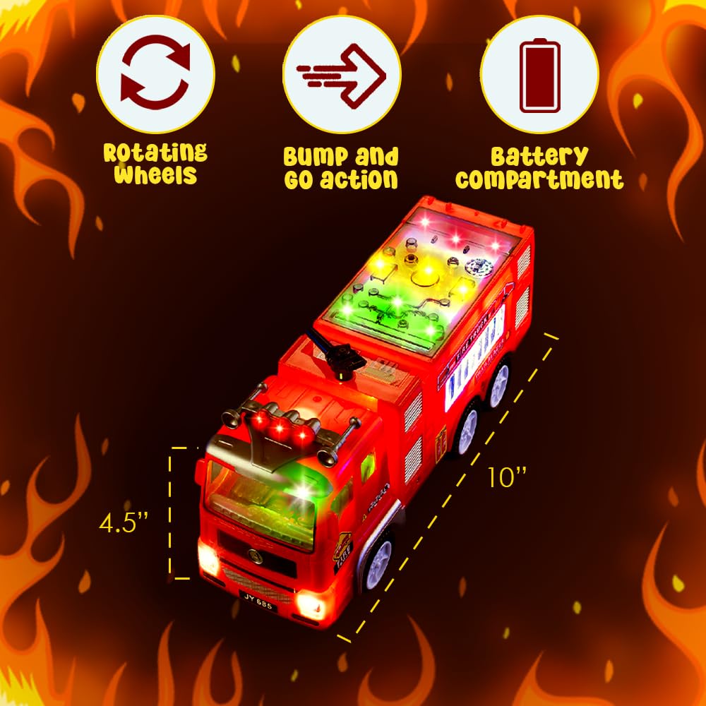 Zetz Brands Fire Truck Toy for Kids - 4D LED Lights, Real Siren Sound, Red, Push Car, Age 3+ - Ideal Birthday Gift