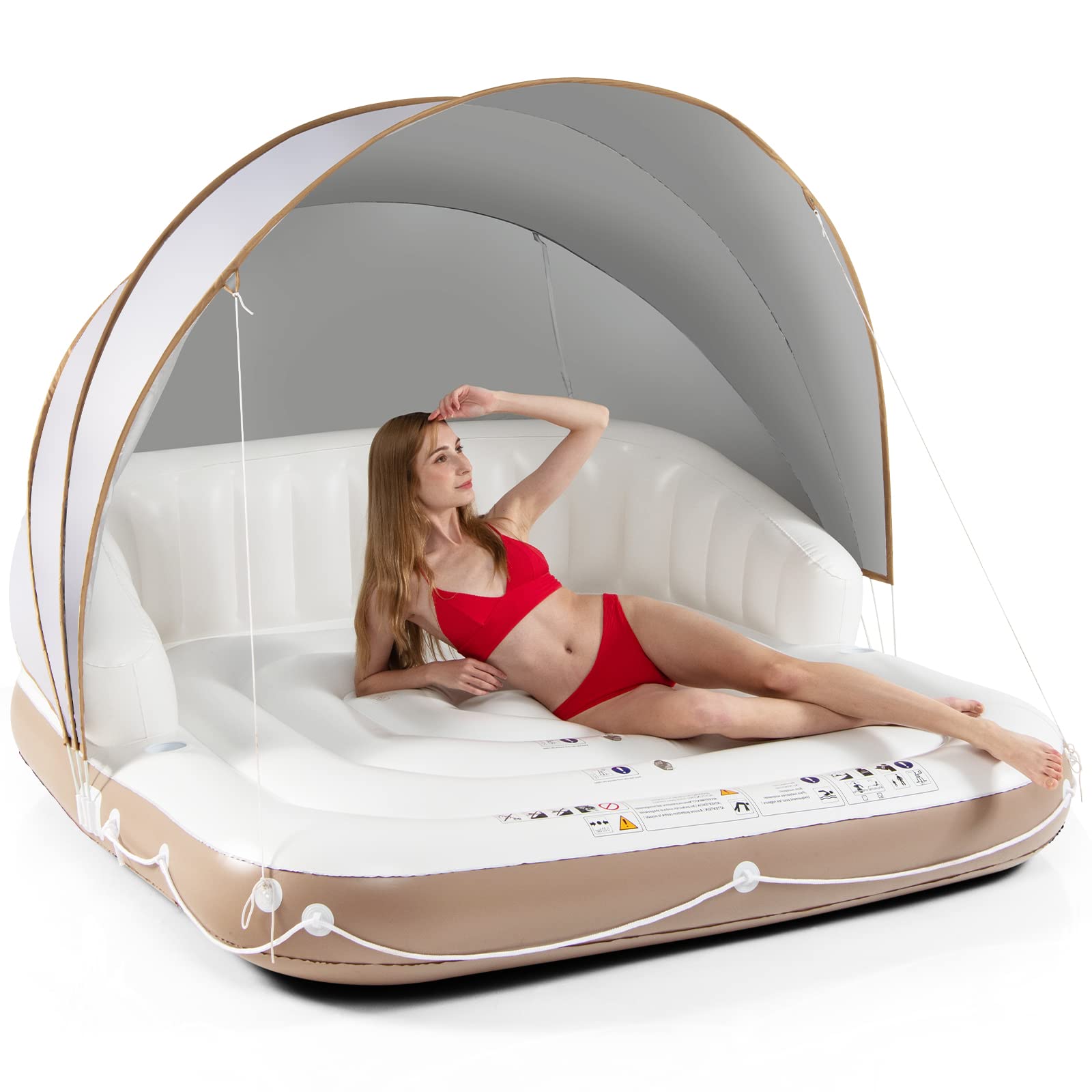 Giantex Canopy Island  Pool Float w/SPF50+ Retractable Detachable Sunshade  mature-themed w/2 Cup Holders High Backrest Armrest  71 x Island Inflatable Lounge  Load 440LBS