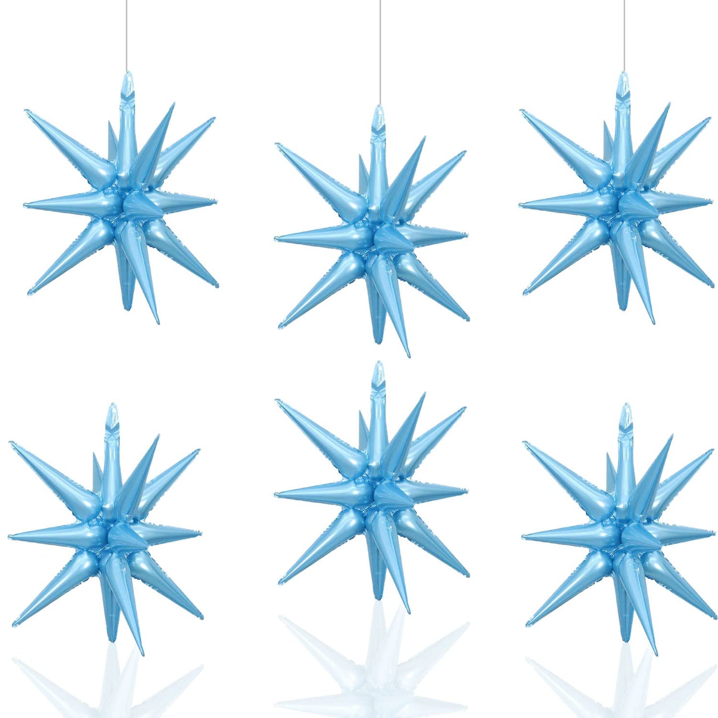 6 Pcs Light Blue Star Foil Balloons One-Piece 14-Pointed Star Balloons 4D Starburst Cone Mylar Balloons 22Inch Christmas Birthda
