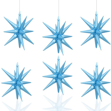 6 Pcs Light Blue Star Foil Balloons One-Piece 14-Pointed Star Balloons 4D Starburst Cone Mylar Balloons 22Inch Christmas Birthda