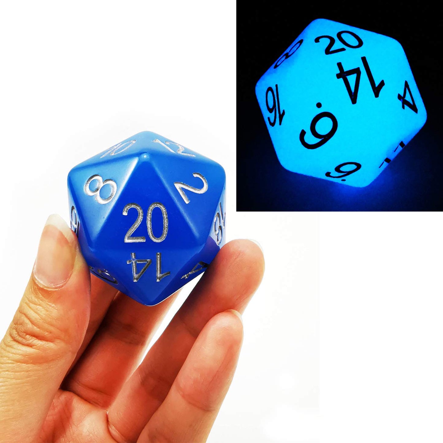 Bescon Jumbo Glowing D20 38Mm, Big Size 20 Sides Dice Blue Glow In Dark, Big 20 Faces Cube 1.5 Inch
