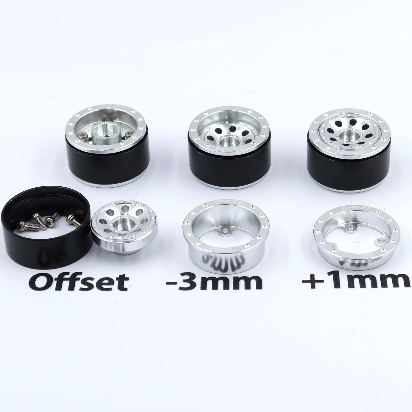 Hobbysoul Adjustable Offset Rc 1.0 Wheels And Tires, 1/24 Tires & Heavy 1.0 Beadlock Wheels Silver For 1:24 Rc Crawler Axial Scx