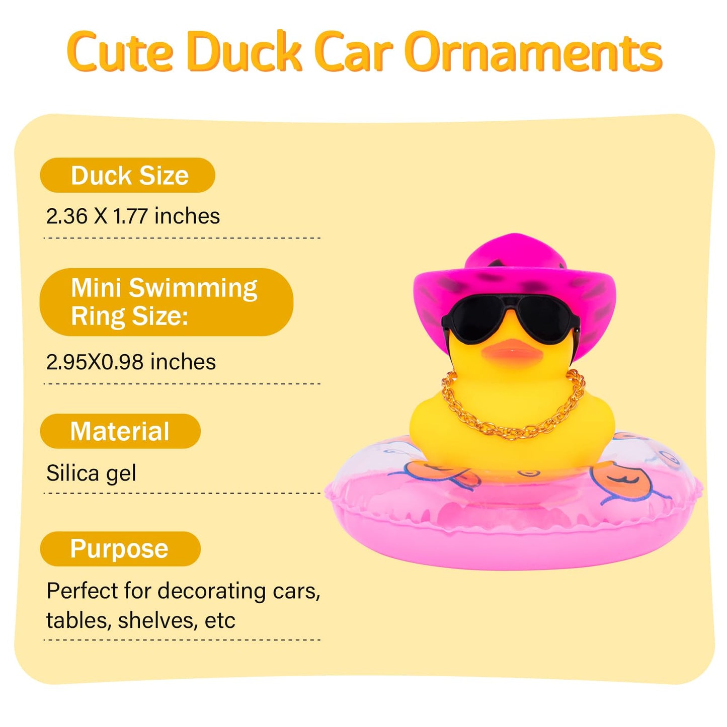 Wonuu Car Rubber Duck, Yellow Duck Decoration Dashboard With Sun Hat Swim Ring Necklace Sunglasses For Car Dashboard Decorations, Black Spots Pink Cowboy Hat-Pink