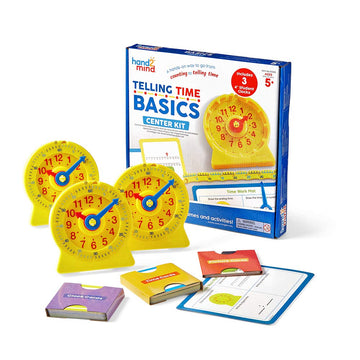 Hand2Mind Telling Time Basics Center Kit - Learn To Tell Time Activity Set With Analog Classroom Clock For Kids