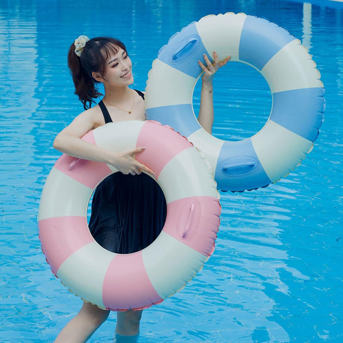 2PCS Pool Floats for mature-themed Striped Swim Ring Pool Floaties Inflatable Swimming Pool Raft Party Water Summer Beach Lounger Float Party Supplies (120#Multi Stripe 2)