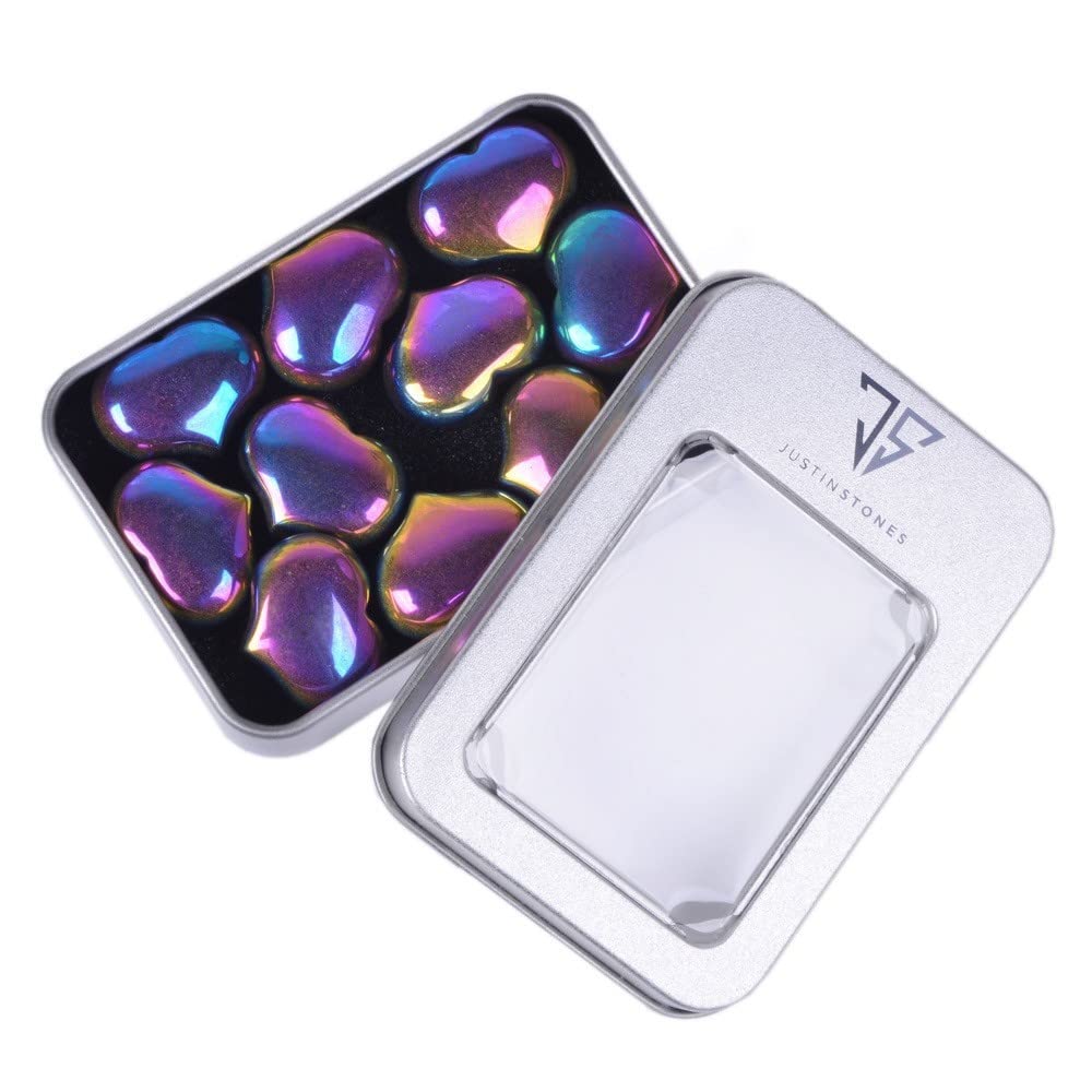 Justinstones Coated Rainbow Hematite Gemstone Healing Crystal 1 Inch Mini Puffy Heart Pocket Stone Iron Gift Box (Pack Of 10)
