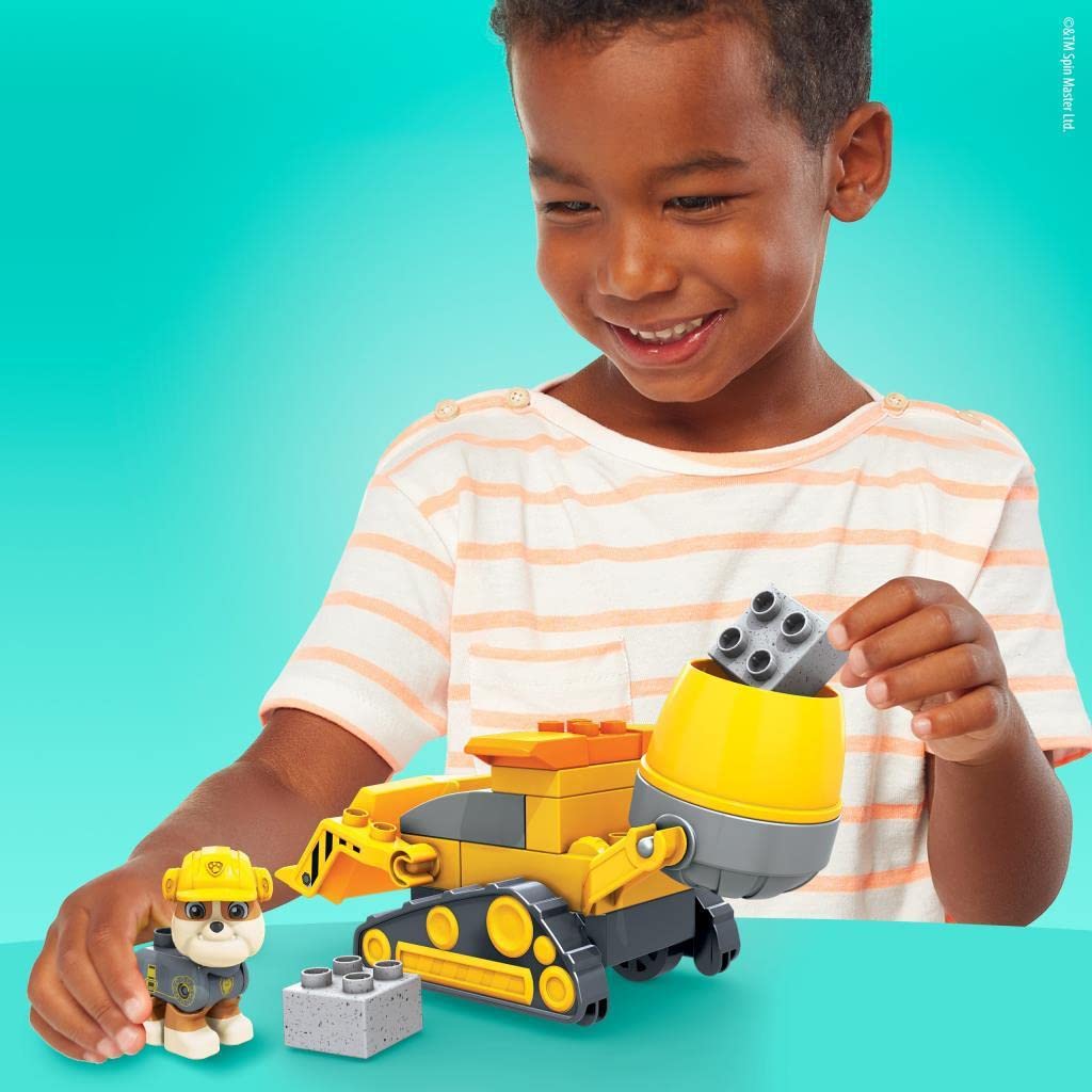 Mega Bloks Paw Patrol Toddler Building Blocks Toy Car - Rubble's City Construction Truck, 17 Pieces, Plastic, Multi, Model GYW91