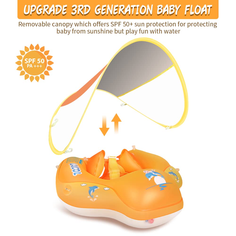 Laycol Baby Swimming Float With Upf50+ Sun Canopy Baby Floats For Pool No Flip Overbaby Pool For Baby Age Of 3-36 Months (Yellow, L)