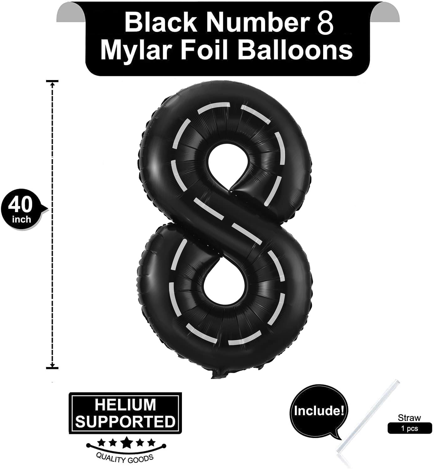 Race Car Number 8 Balloons,40 Inch Racing Car 8 Birthday Balloons Two Fast Balloon Race Track Black 8 Balloon Number For Cars Theme Birthday Party