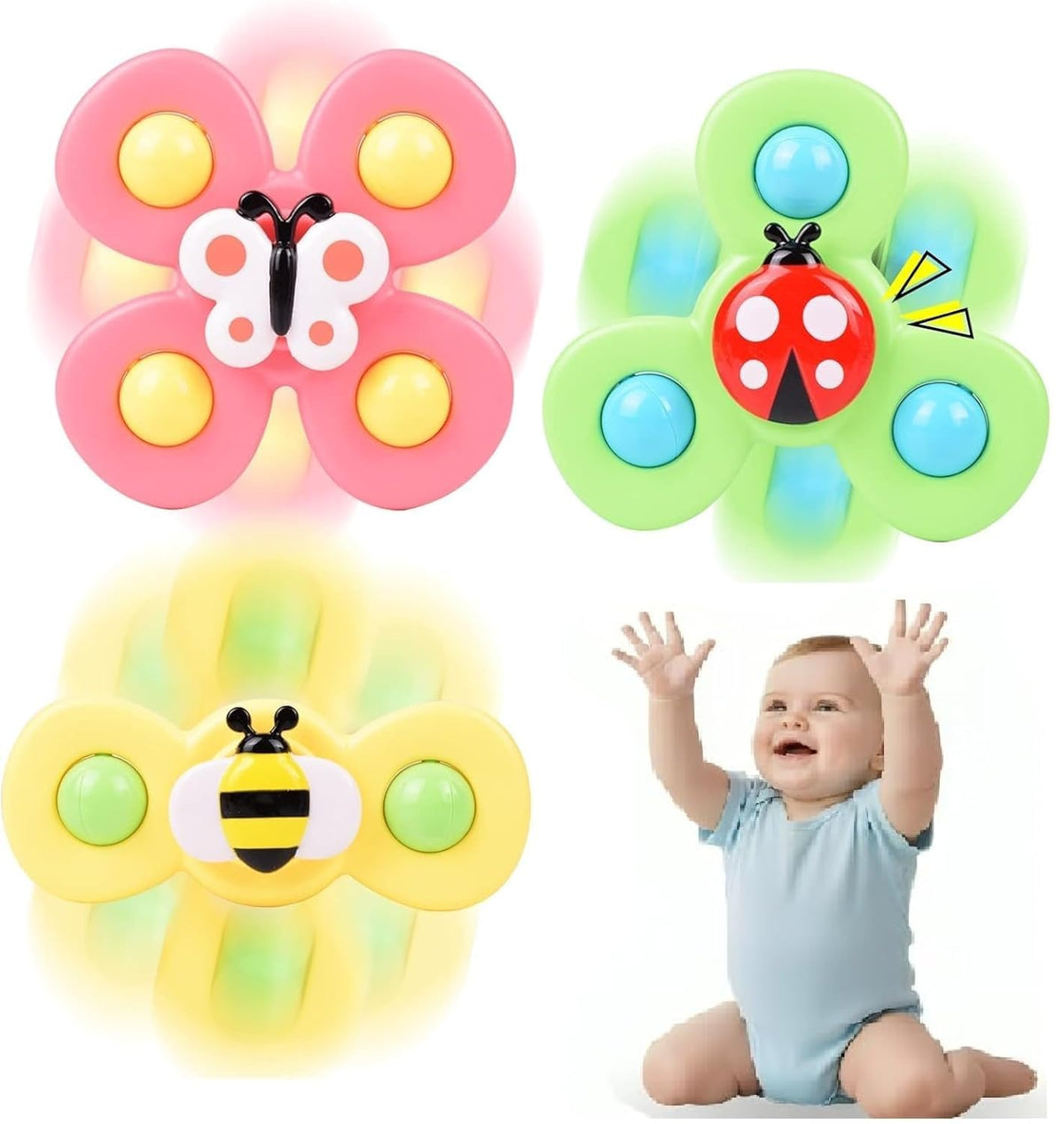 Sky Tech Bath Toy 3Pcs Silicone Suction Cup Base Sensory Waterproof Bath Spinner Bath Sticks To Rotating Learning Baby Smooth Su