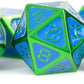 FanRoll by Metallic Dice Games 16mm Metal Polyhedral DND Dice Set: Green w/Blue Enamel, Role Playing Game Dice for Dungeons and