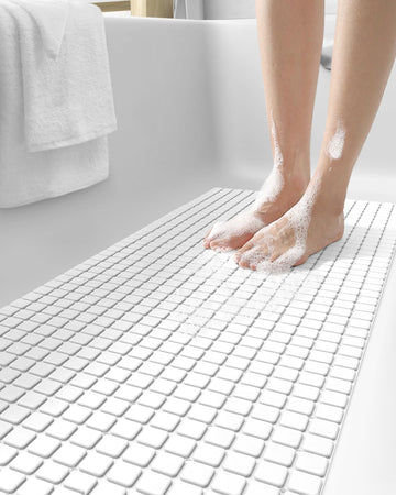 Dexi Bath Tub Shower Mat Non-Slip 16 X 39 Extra Long Bathtub Mats, Suction Cups, Drain Holes, Machine Washable Bathroom Mat, Whi