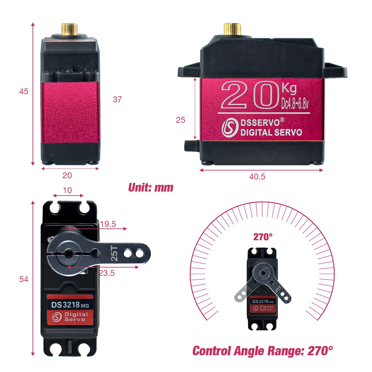Hosyond Ds3218 20Kg Digital Rc Servo High Torque Metal Gear Waterproof Steering Servo Motor For Diy Rc Car, Robot, Truck (Contro