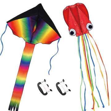 2 Pack Kites - Large Rainbow Kite and Red Mollusc Octopus with Long Colorful Tail for Children Outdoor Game Activities Beach Trip Great Gift to Kids Childhood Precious Memories