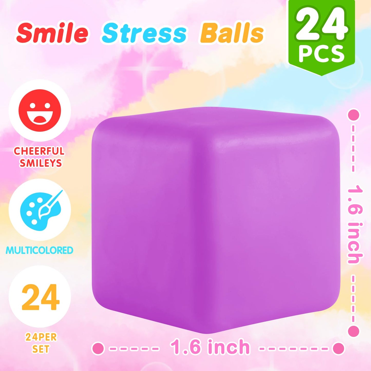 Stress Balls Fidget Toys for Kids: 24 Pack Squishy Squeeze Balls, Stretchy Toys for Anxiety Relief, Square Shape Hand Therapy Se