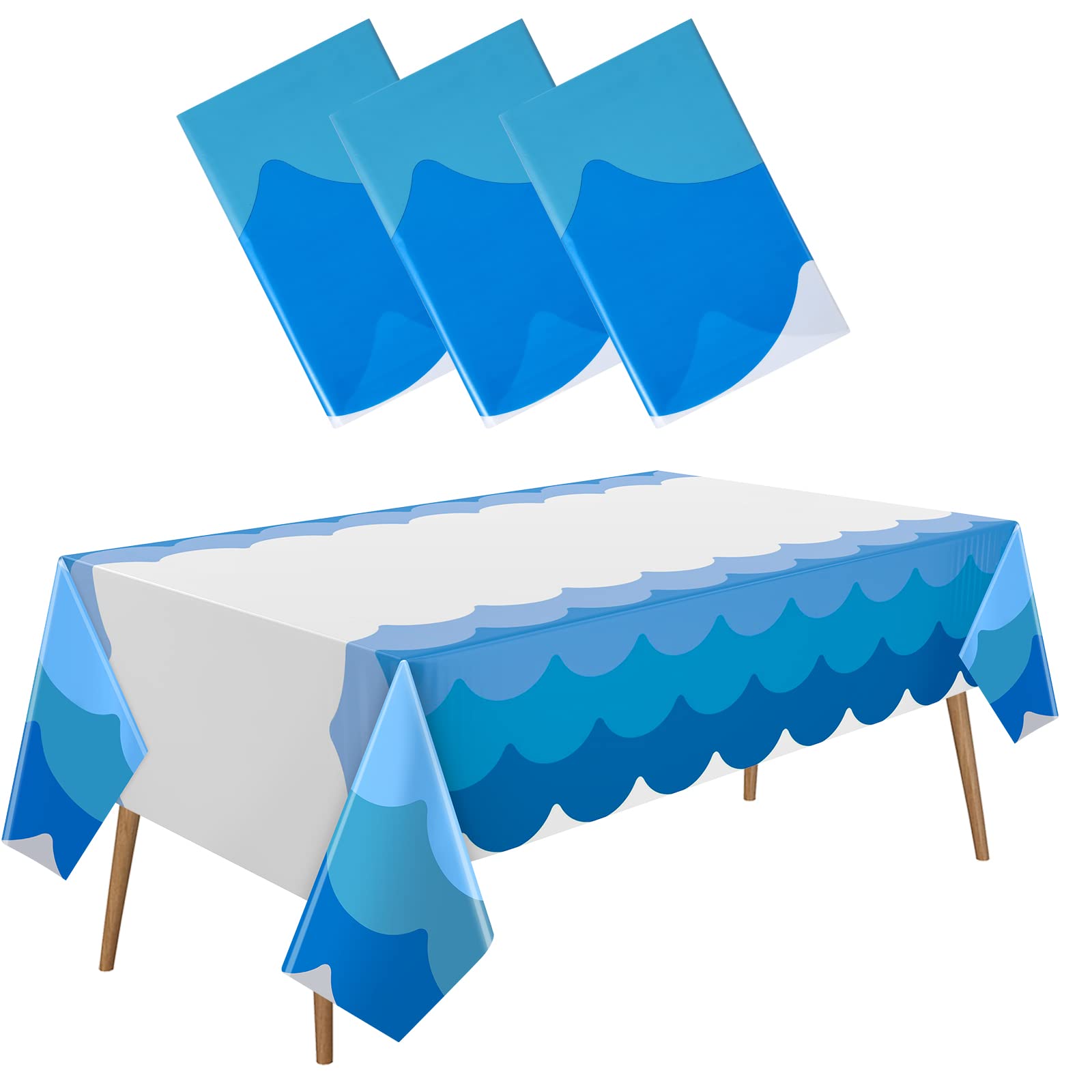 Irenare 3 Pcs Ocean Waves Theme Tablecloth Ocean 87 x 108 Inch Blue Rectangle Water Print Plastic Table Cover Sea Beach Mermaid 